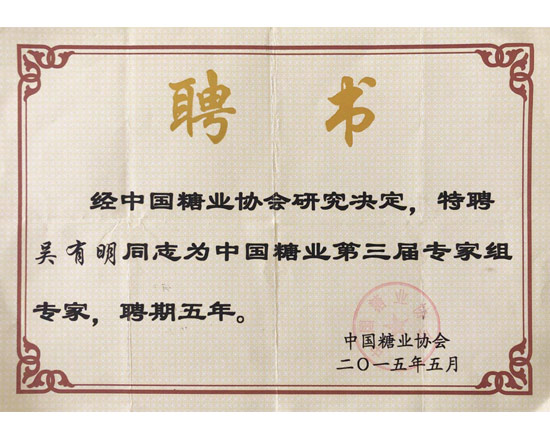 ***糖業(yè)協(xié)會(huì)專家組吳有明同志專家聘書